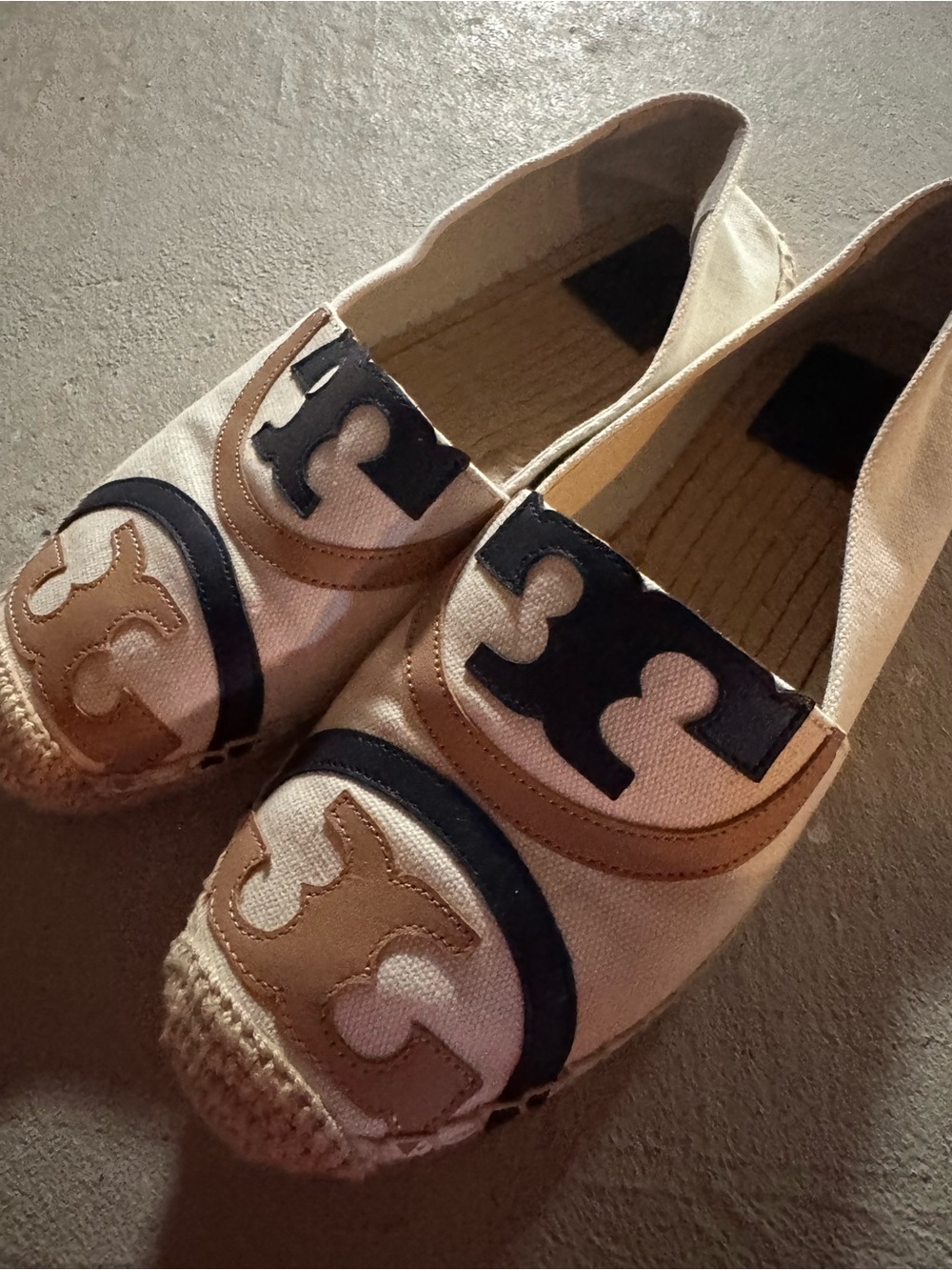 Tory Burch Cream Canvas Espadrilles with Navy & Tan Logo Accents